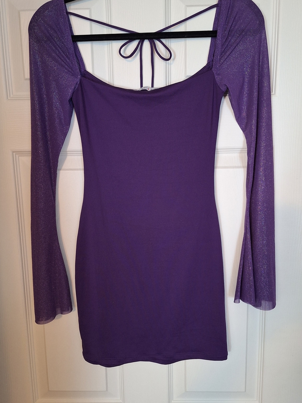 Lucy in the Sky Shimmery Purple Long-Sleeve Tie-Back Mini Dress